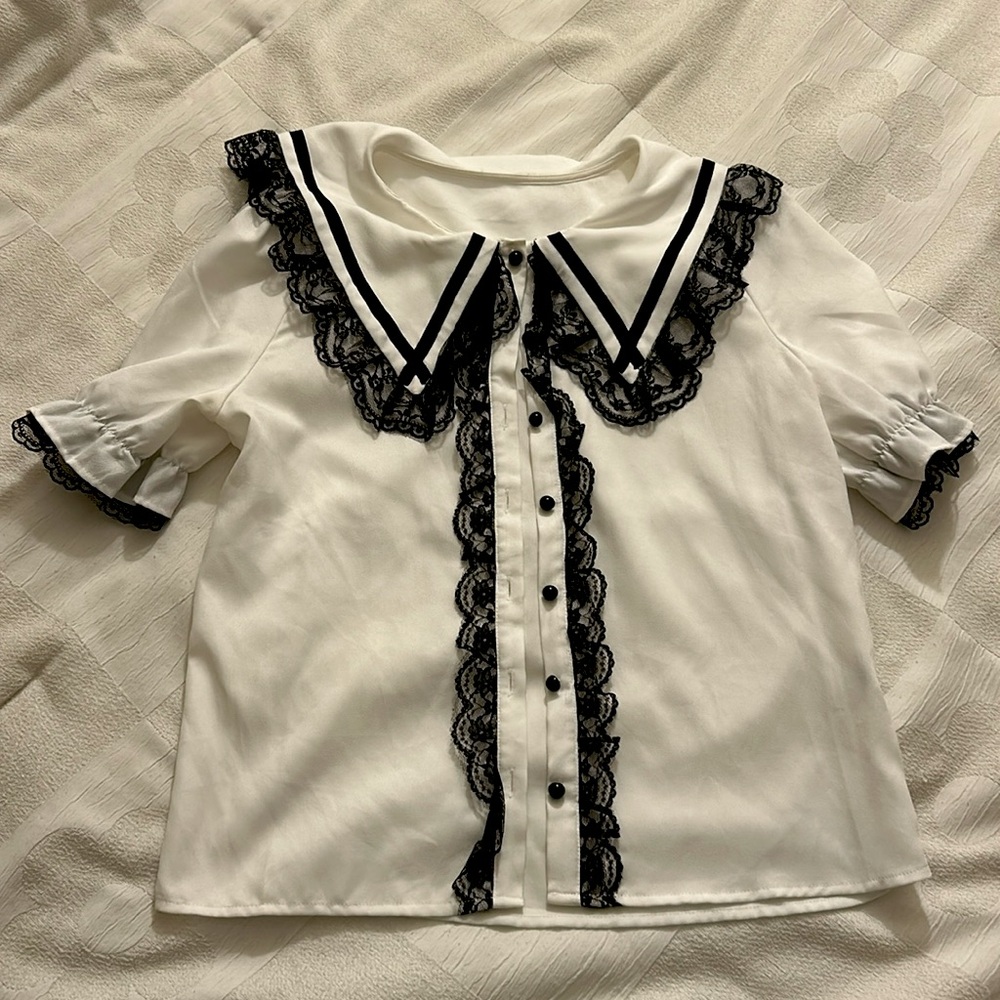 MA*RS Sailor Collared White Blouse with Black Lace